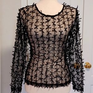 Zara black sheer stretchy long sleeve top bows all over bow decoration small